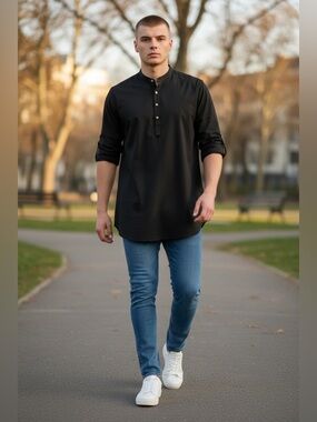 Coofandy NWT Black Long Sleeve Henley Shirt 2XL Minimalist Stand Collar